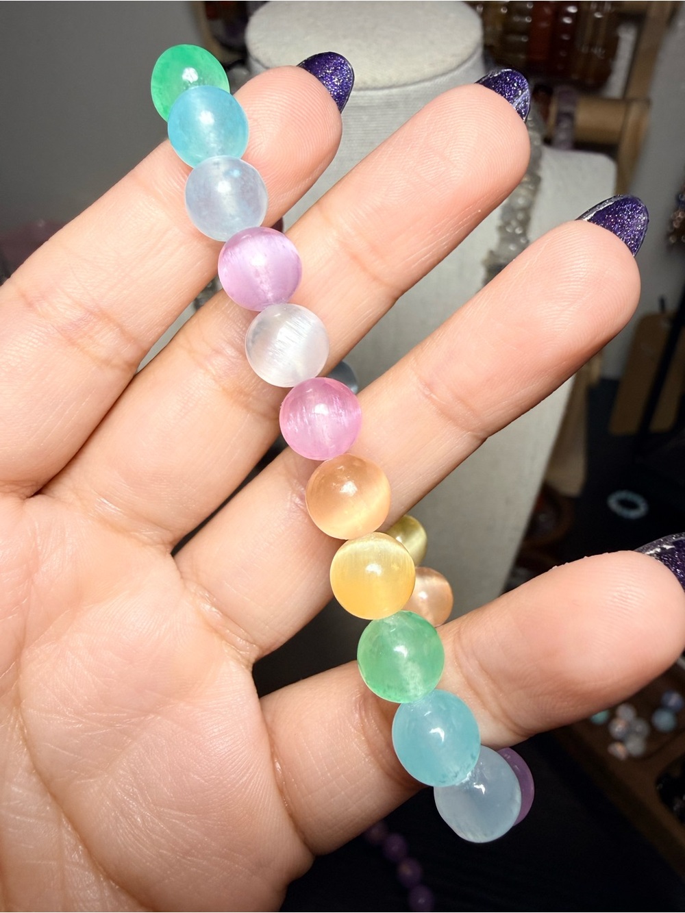 8mm Rainbow Selenite Bracelet Colorful Selenite Stretch Bracelet - Picture 2 of 3